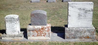 Three headstones in a cemetery.