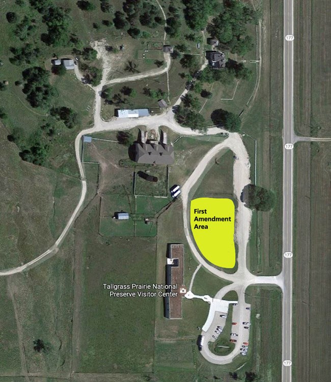 First Amendment Area shown in yellow. Area is northeast of the visitor center on the grassy lawn area south of the historic fence.
