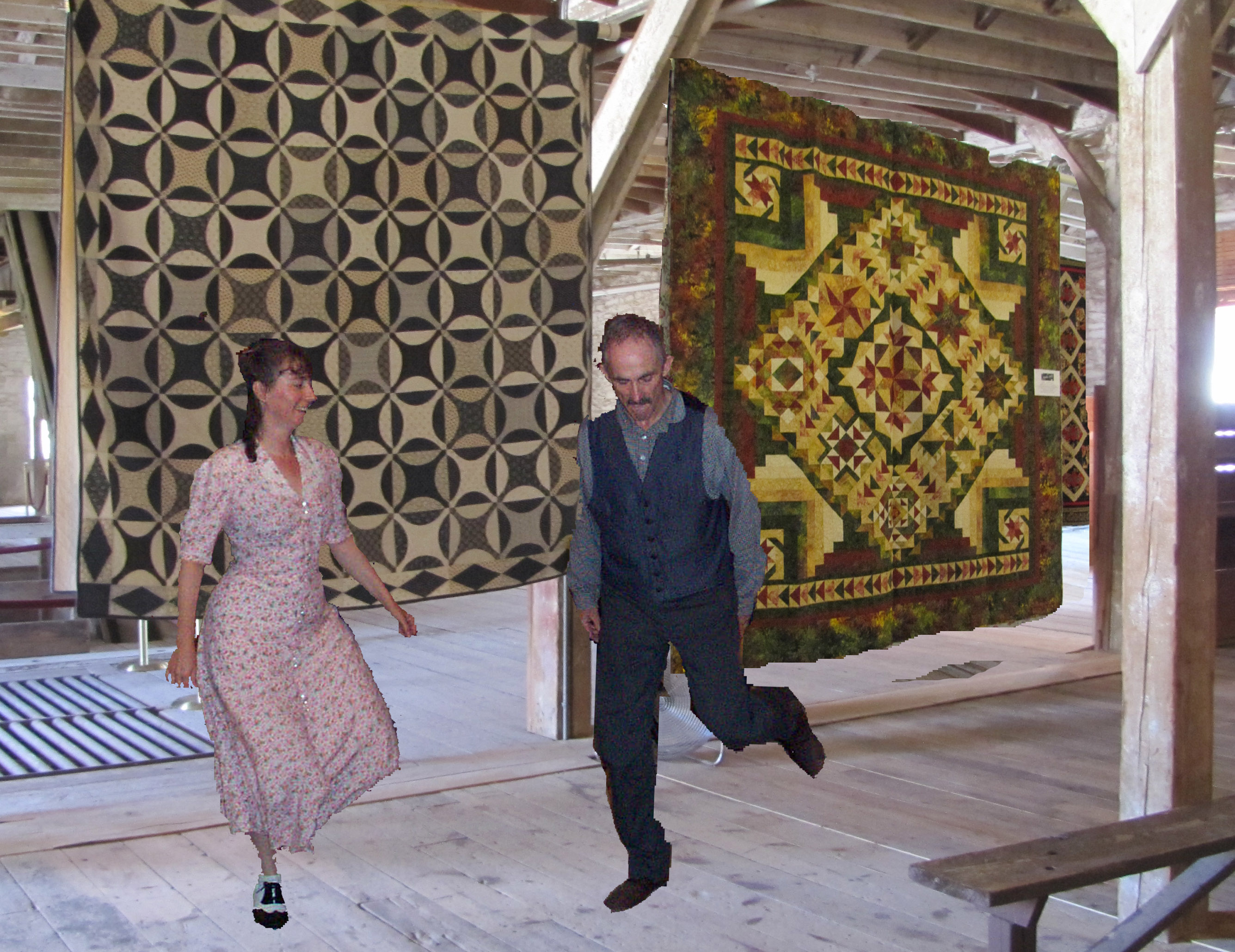 clogging among a background of quilts in an old barn