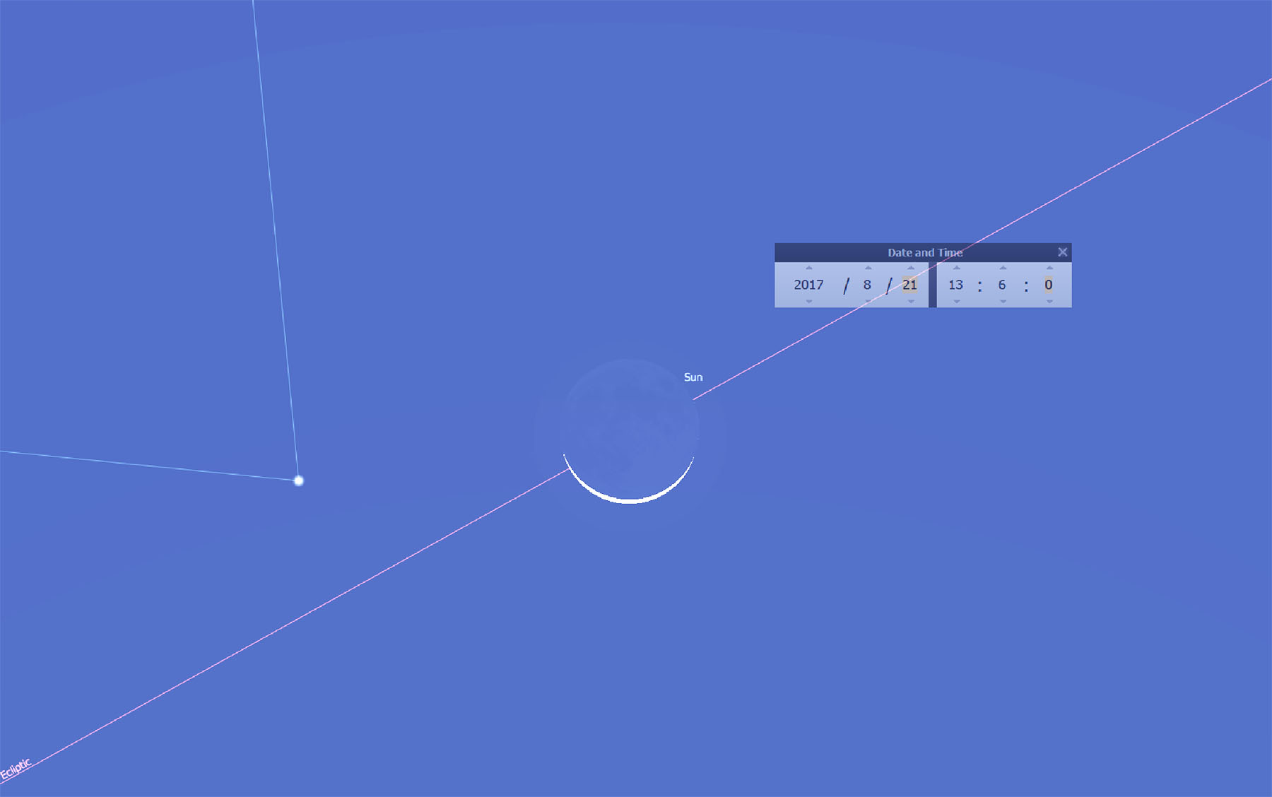 Solar Eclipse image of stellarium program showing the solar eclipse