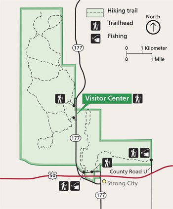 Tallgrass Prairie simple map for hiking, fishing, and parking areas