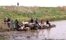 Kids fishing at the preserve's ponds. 8 children on a small course rock jetty going into muddy water.