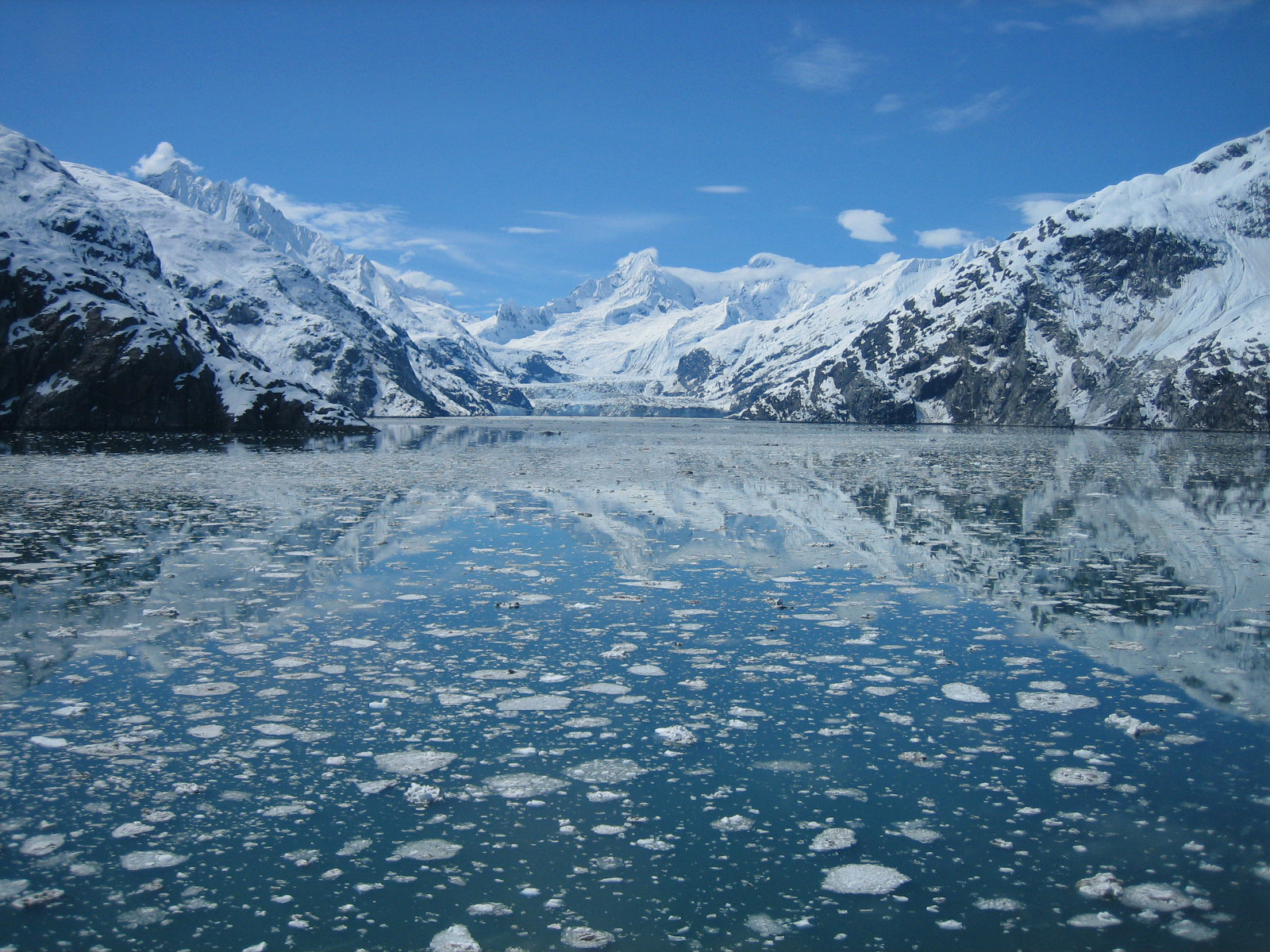 Glacier Bay filled with icebergs and a glacier in the mountains in the distance