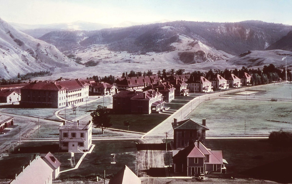 View down Officer's Row showing the majority of building at Fort Yellowstone in 1910