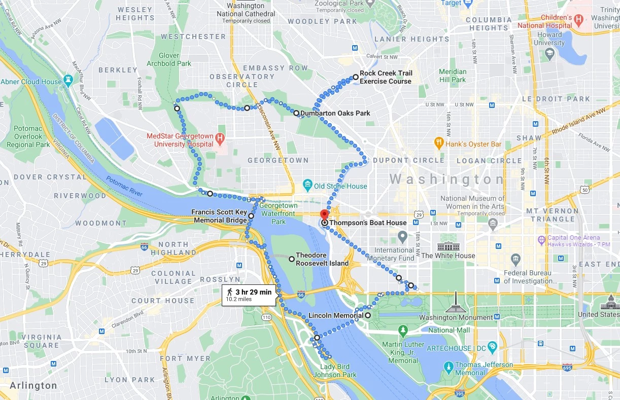 10 mile hike route a map of the Georgetown and National Mall areas of Washington, DC
