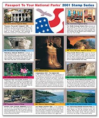 2001 Passport Stamp Set 10 smaller images of different parks sites in a large rectangle