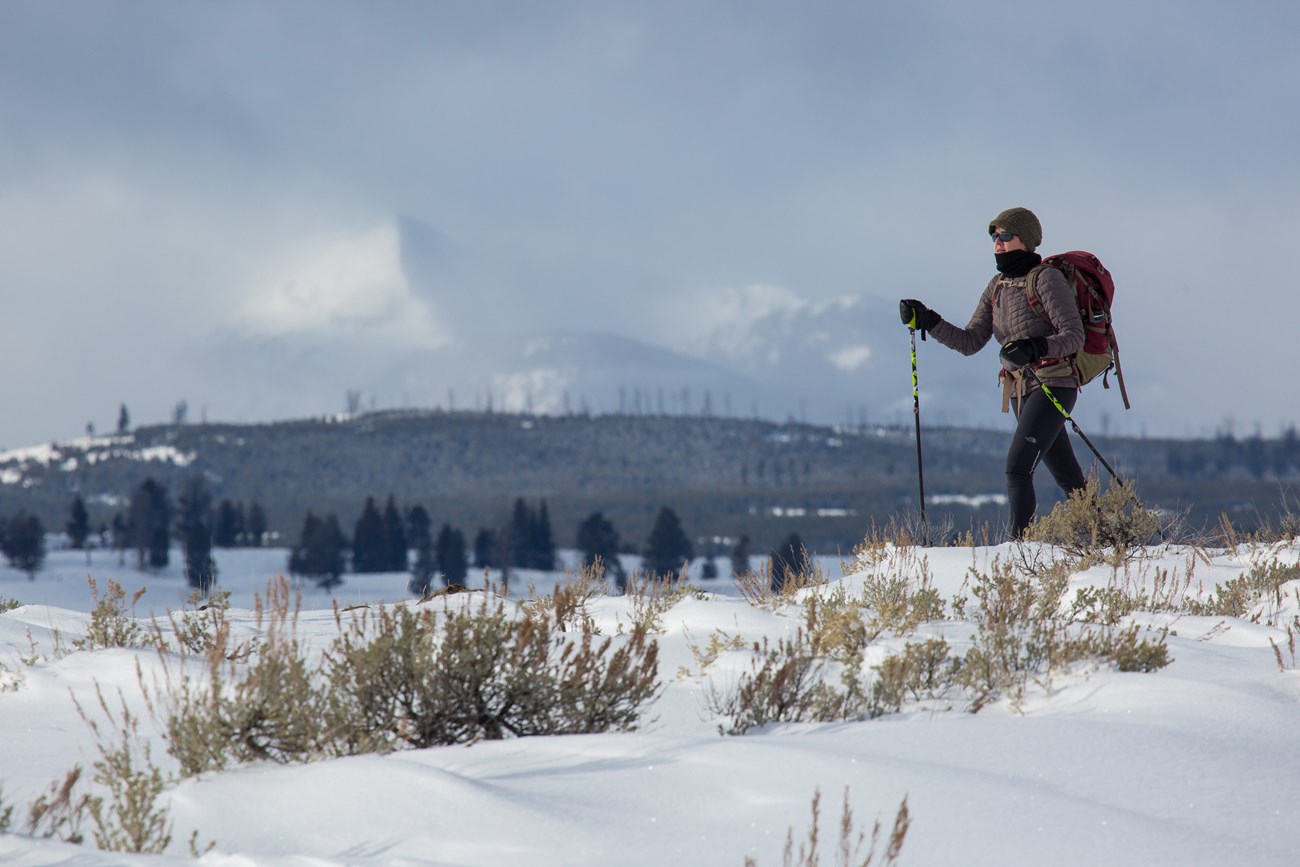 Solitary Skier on Blacktail Plateau A solitary skier glides along fresh snow on Blacktail Plateau with mountains in the background.