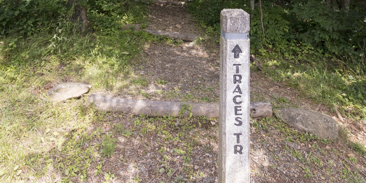 Traces Trail A concrete post at the head of a trail that reads: Traces Trail