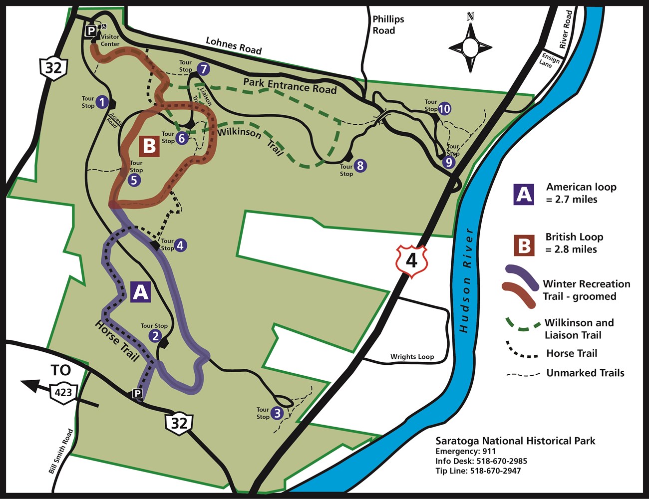 2024-25_Winter_Trails_map_Revised A map shows the roads and trails in the park. This map features the winter recreation trails. The British Loop is highlighted in red and is around 2.8 miles. The American Loop is highlighted in blue and is around 2.7 miles.