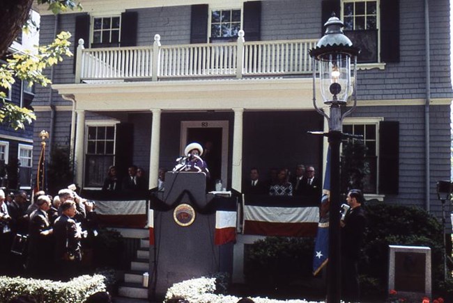 Mrs. Rose Kennedy speaks at the site dedication ceremony on May 29, 1969. Mrs. Rose Kennedy speaks at the site dedication ceremony on May 29, 1969.