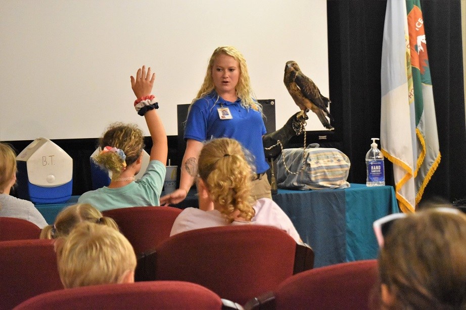Wildlife Programs Woman holding hawk in front of children