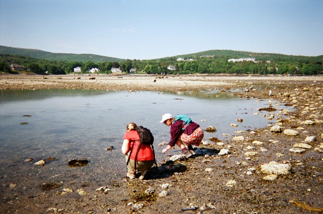 Two people on a sandy gravel area looking at water