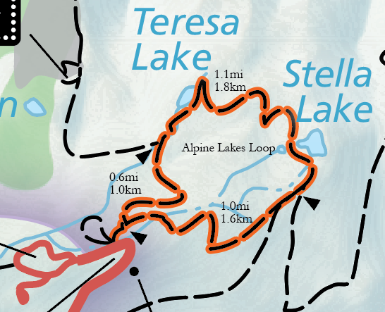 Alpine Lakes Loop Trail Highlighted A color image of a selection of the official park map. A grey road emerges from the top and connects to an orange highlighted trail labeled "Alpine Lakes Loop."