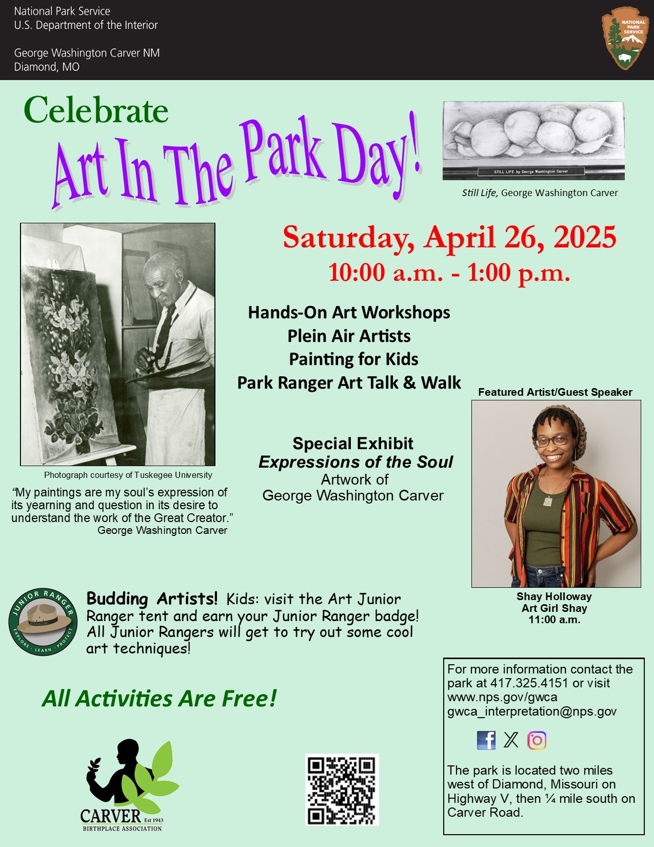 Infographic for Art in the Park special event. Black and white photograph of George Washington Carver painting. Image of the woman wearing multi-color stripped shirt overtop a green shirt. She has a brown knit hat on and wearing glasses.