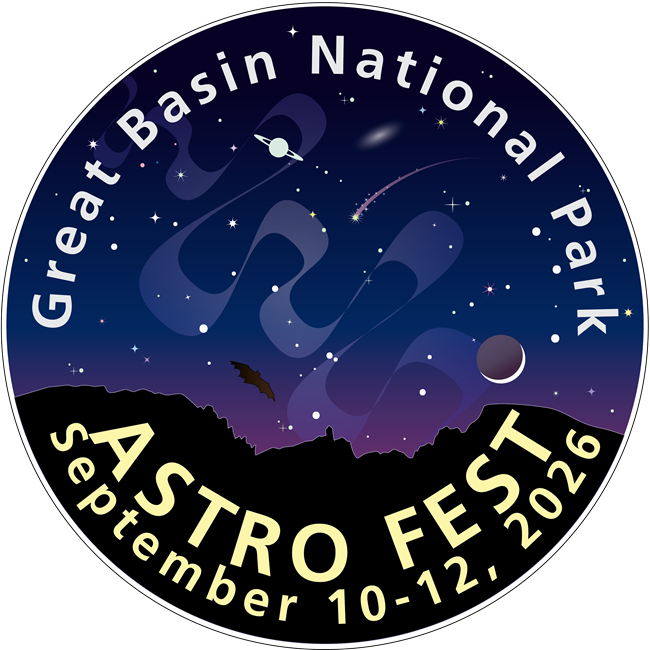 A circular image showing a stary sky and dark mountains. It reads "Great Basin National Park Astrofest September 10-12, 2026"