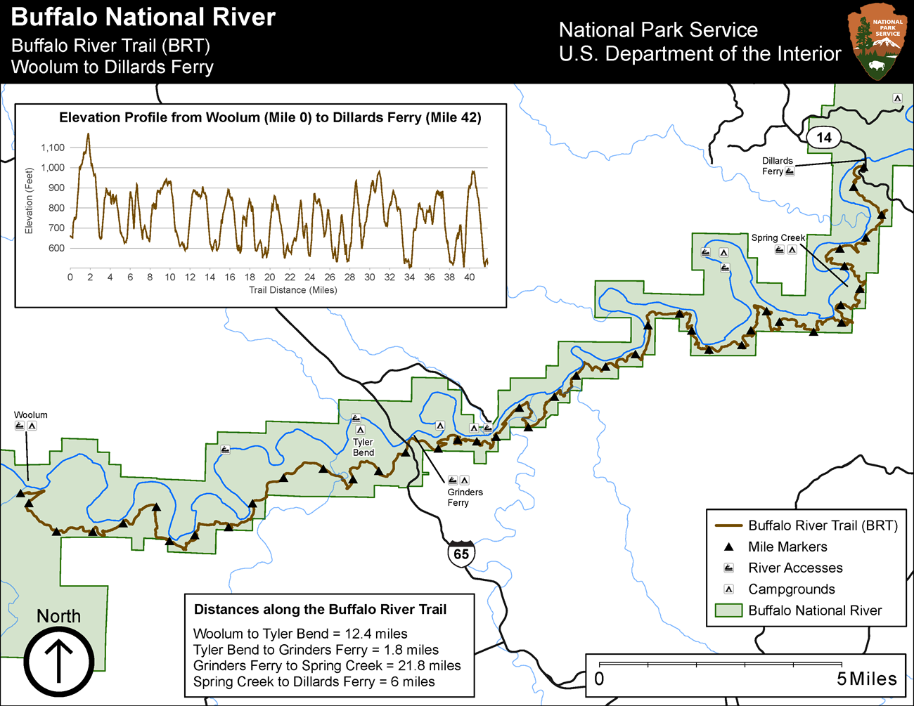A map of the Buffalo River Trail between Woolum and Dillards Ferry. Buffalo River trail Map from Woolum to Dillards Ferry