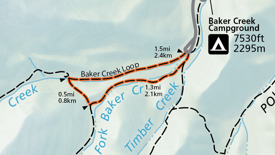 Baker Creek Loop Trail Highlighted A color image of a selection of the official map of the national park. A grey road enters from the top and ends in a loop. From here an orange highlighted trail labeled "Baker Creek Loop" circles with distance markers.