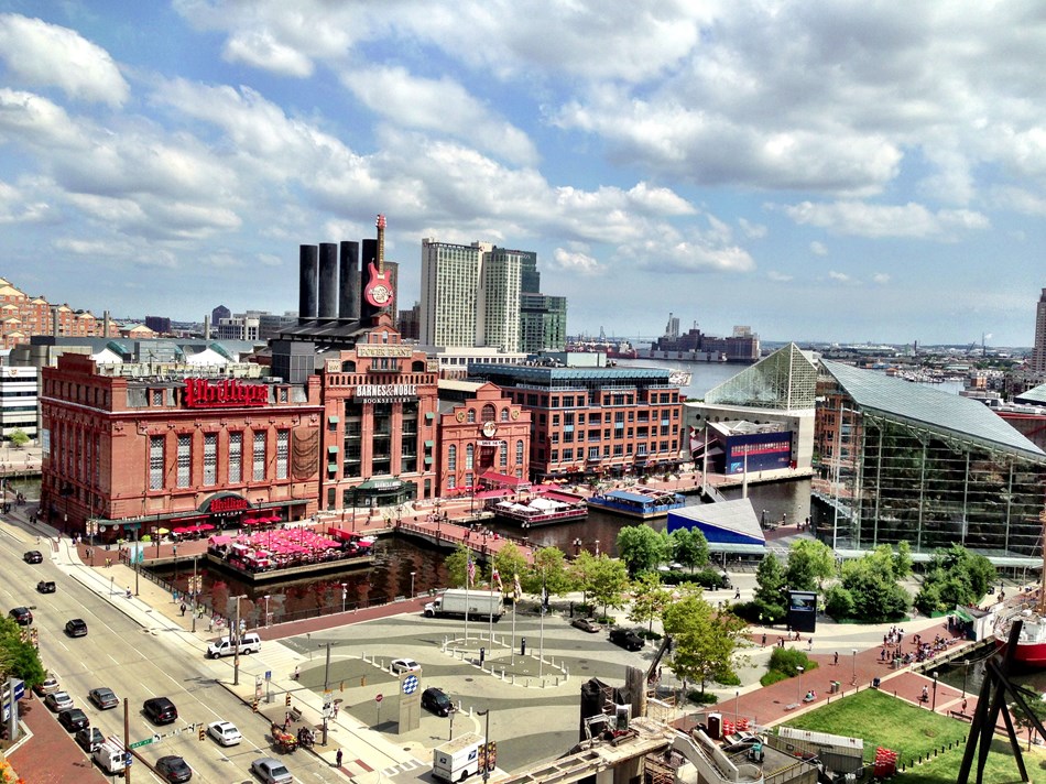 Photo looking down at Baltimore's Inner Harbor area - showing old power plant. Photo looking down at Baltimore's Inner Harbor area - showing old power plant.