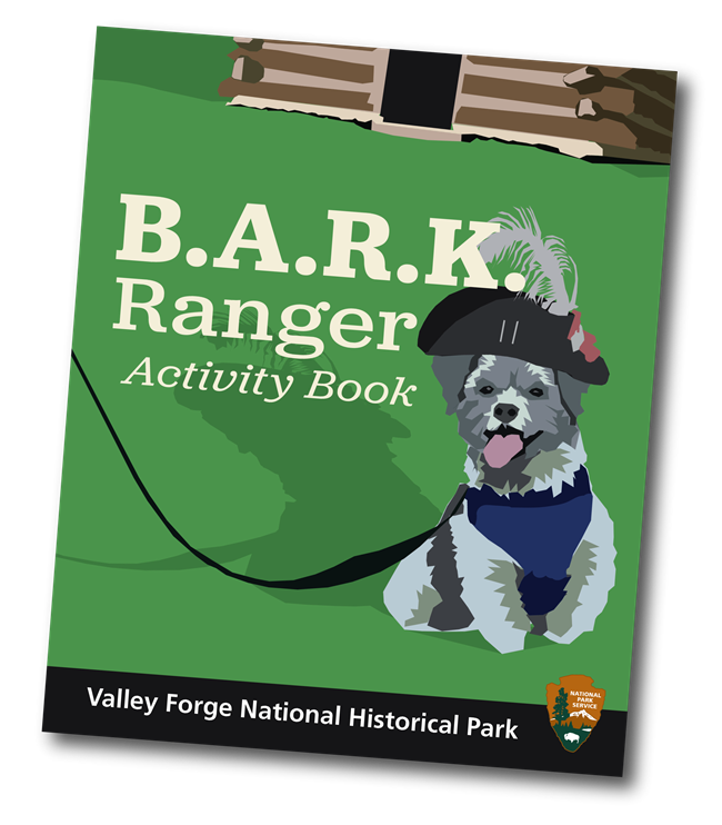 Cover of BARK Ranger Activity Book. Illustration of a dog seated wearing Revolutionary War hat and a harness with a leash.