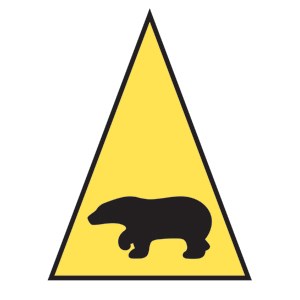 Bear Hill Trail Route Marker A yellow triangle with a black symbol of a bear in the center of it.