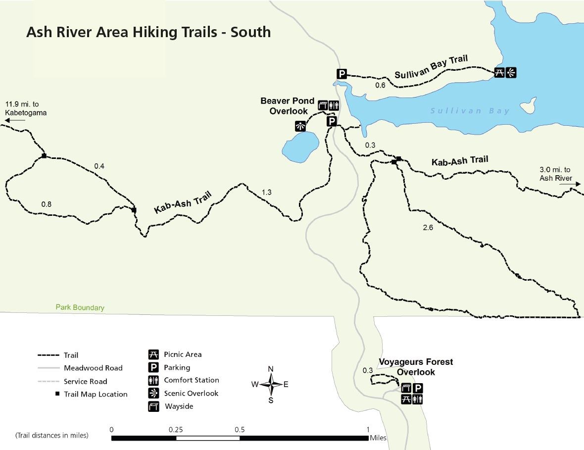 Detailed map of the southern portion of the Ash River Visitor Center area with mileage distances on near by trails.