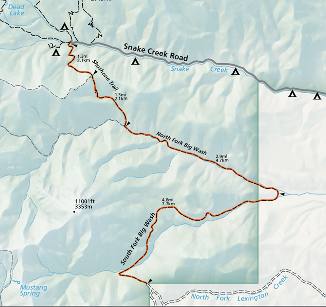 A color image of a selection of the official map of the national park. A orange highlighted trail extends between two roads, one marked "snake creek road" the other marked "North fork lexington creek." The trail extends north to south with distance marker