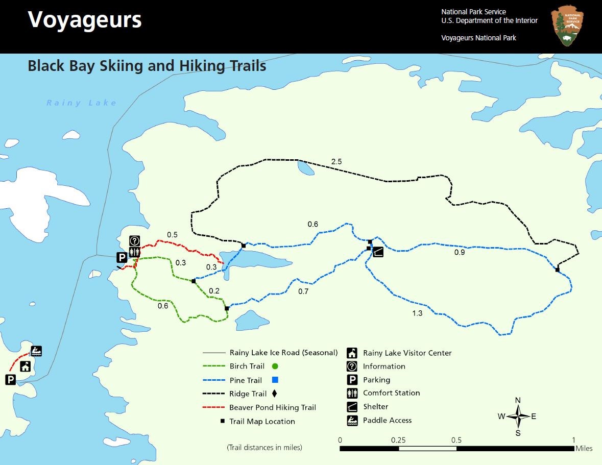 Detailed map of the Black Bay Beaver Pond Hiking and Ski Trails with different colors on map labelling the numerous trails with water indicated in blue.