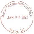 Circular stamp reads Bryce Canyon National Park, Bryce UT