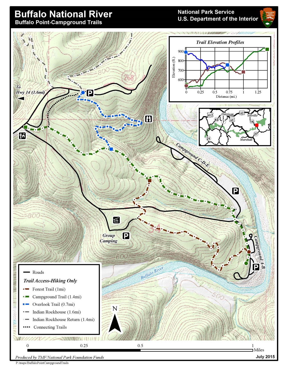 A topographic map with blue, green, and brown dashes marking the campground trails.