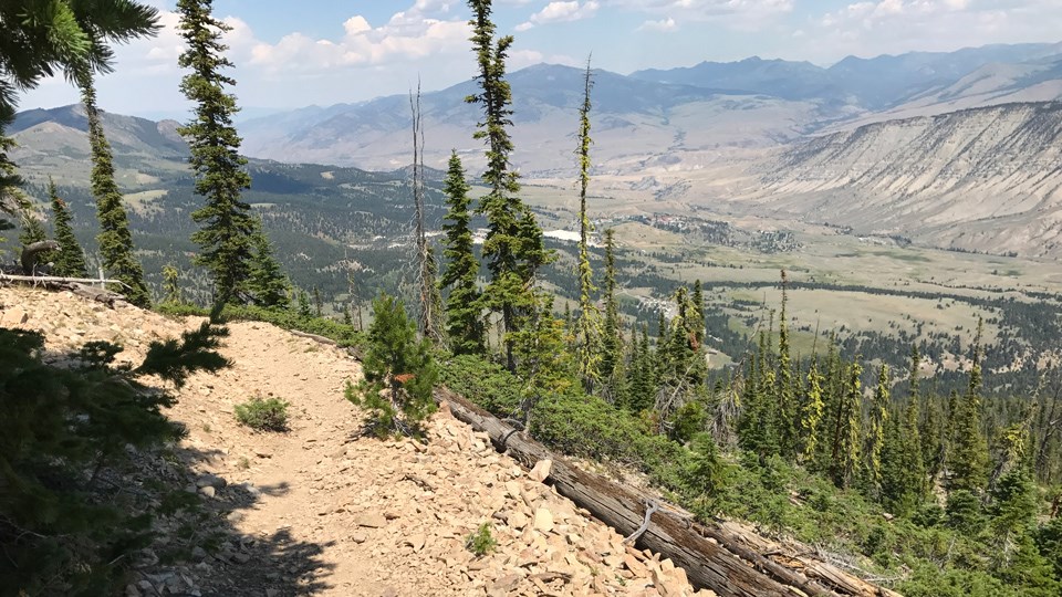 Bunsen Peak Trail near the summit. Tan, rocky tail leads down the mountain, with views of the sagebrush-steppe valley below.