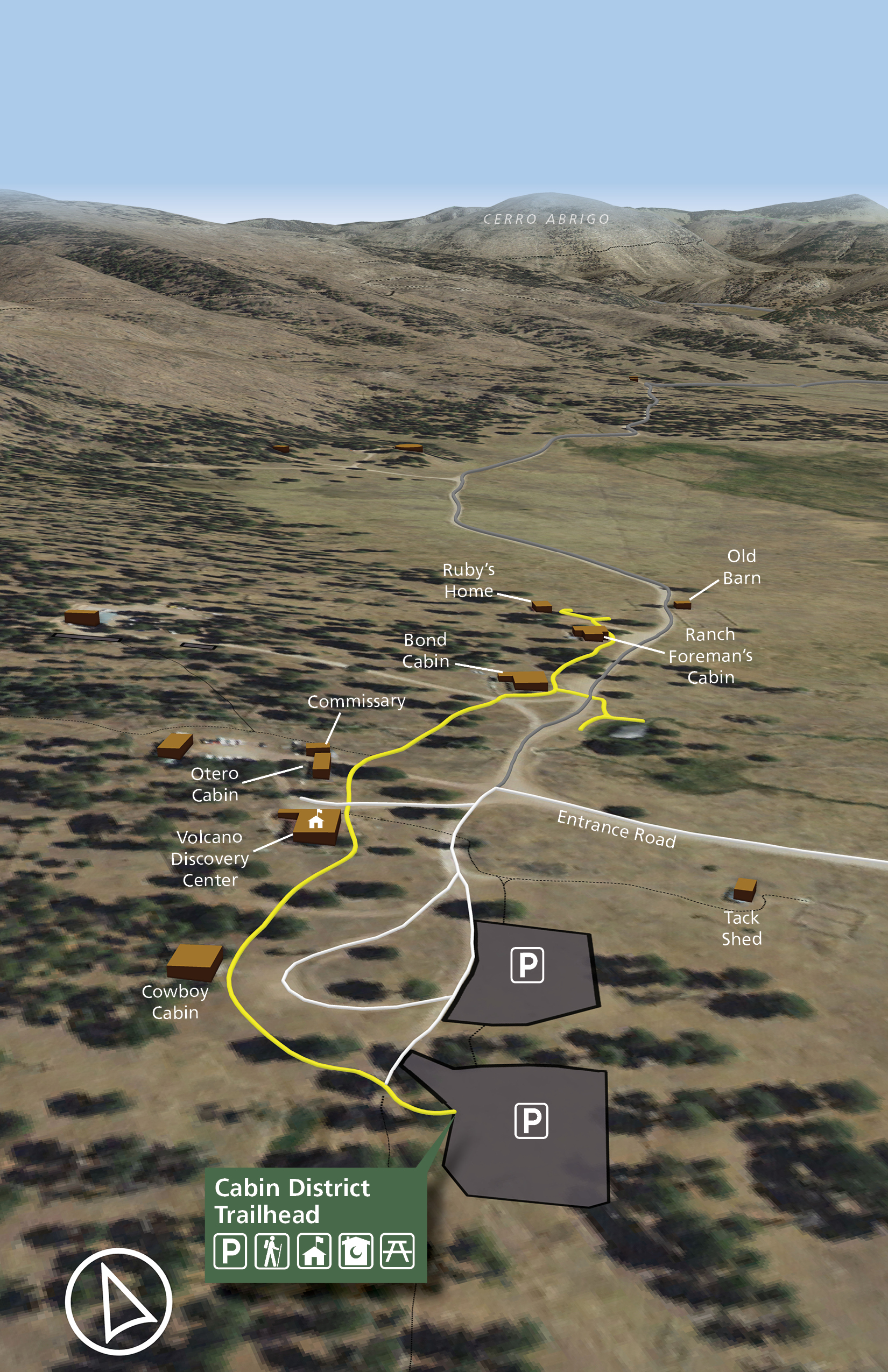 A map containing aerial imagery of a trail passing several cabins in a valley.