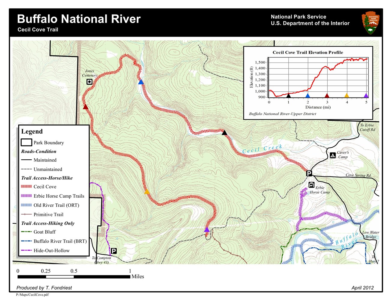 A topographic trail map of the Cecil Cove Loop at Buffalo National River