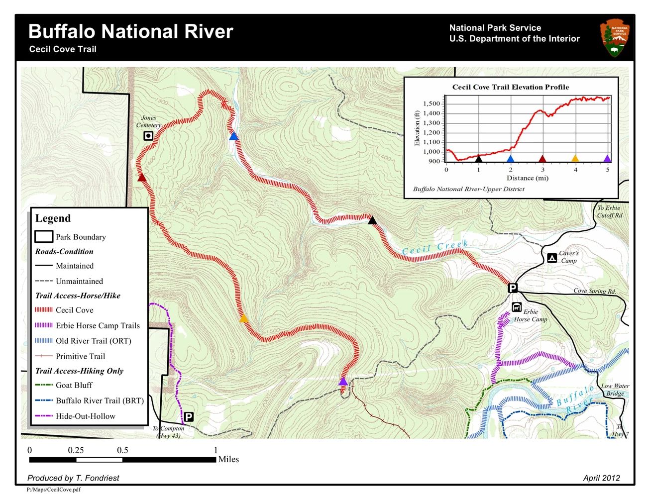 A topographic trail map of the Cecil Cove Loop at Buffalo National River A topographic trail map of the Cecil Cove Loop at Buffalo National River