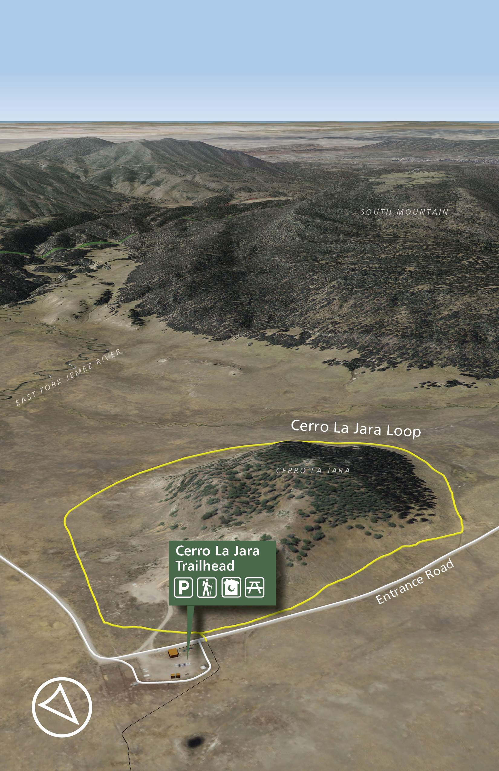 A map showing the Cerro La Jara Trail looping around the base of a forested lava dome.