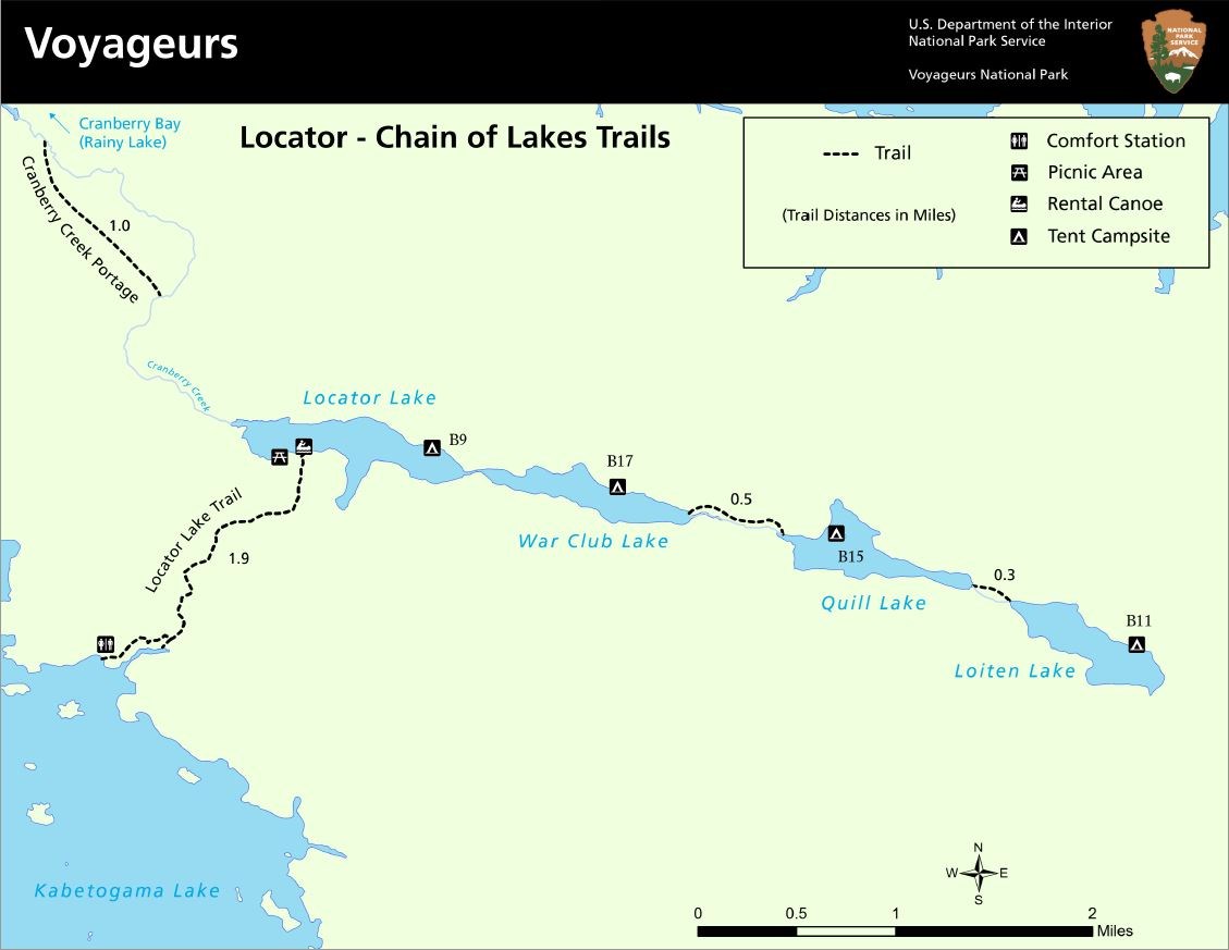Detailed map of the Interior Chain of Lakes distances and of the Locator Lake Trail.
