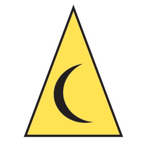 Crescent Trail Route Marker A yellow triangle with a crescent moon shape inside of it.