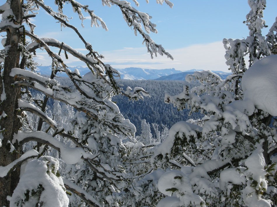 Views of mountain ranges in the distance from a snow-covered Divide Ski Trail. Views of mountain ranges in the distance from a snow-covered Divide Ski Trail.