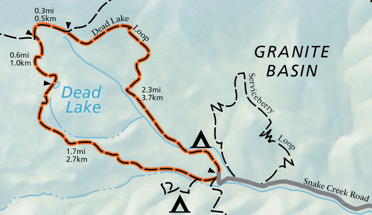 Dead Lake Loop Highlighted A color image of the official national park map. A grey line labeled "Snake Creek Road" emerges from the right, and an orange highlighted trail labeled "Dead Lake Loop" extends from its end.