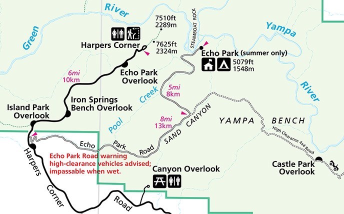 A map showing the length and sites of interest along the Echo Park Road.