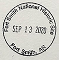 Fort Smith passport stamp Circular stamp with text around the circle reading Fort Smith National Historic Site Fort Smith, AR and Date in center reading SEP 13 2020.