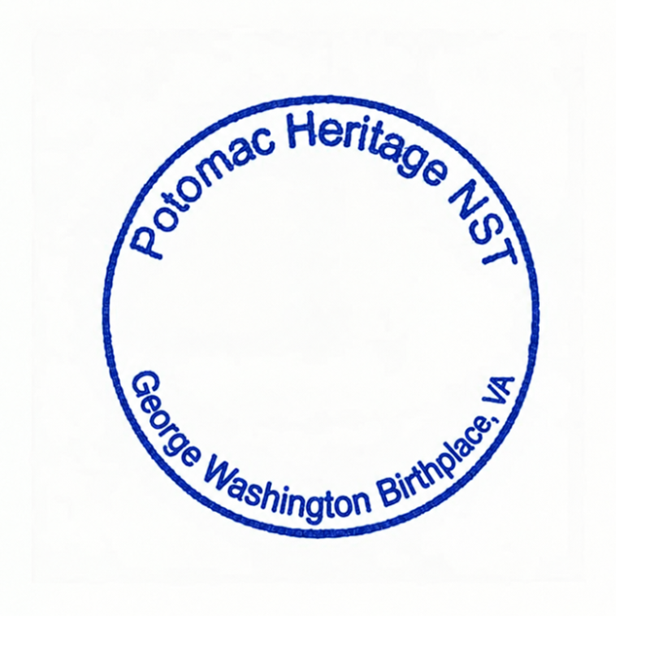 Blue, round stamp labelled George Washington Birthplace, VA