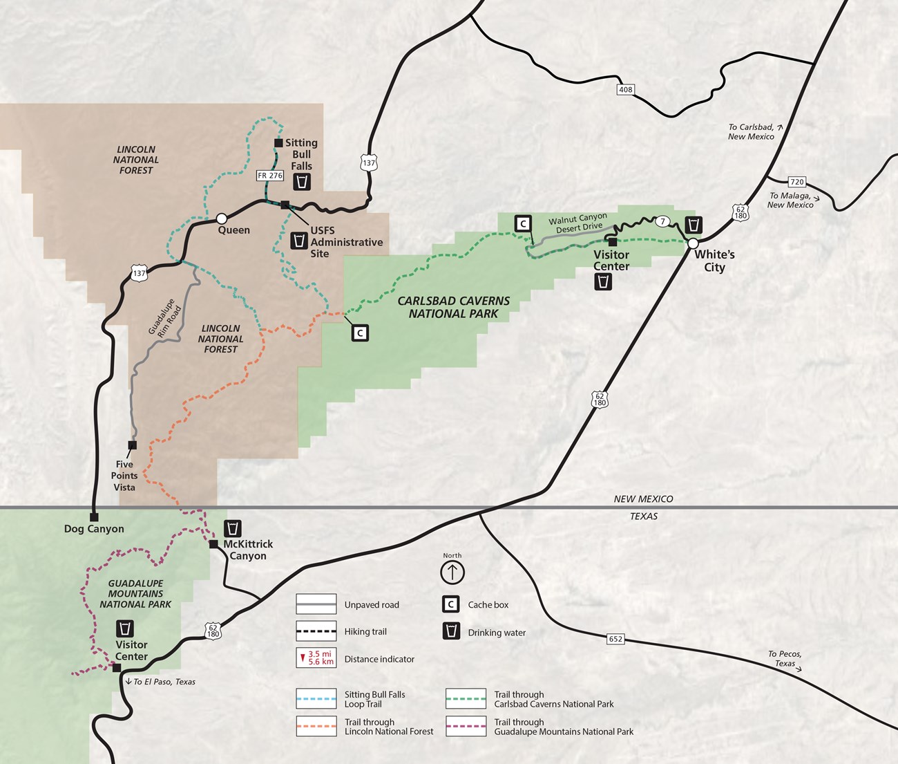 Guadalupe Ridge Trail Overview Map Map of the trail route showing access roads and nearby attractions.