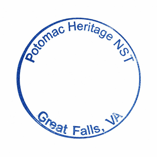 Blue, round stamp labelled Great Falls, VA