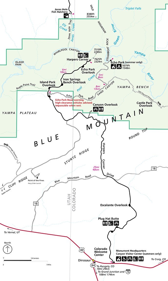 A map showing the length, features, and sites of interest along Harpers Corner Road.