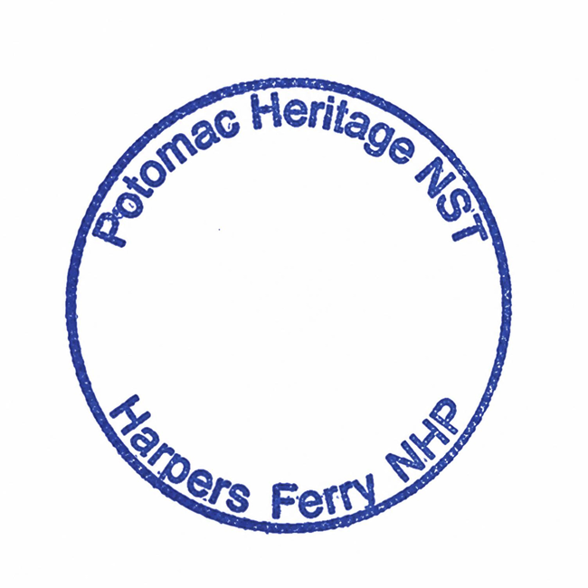 Blue, circular stamp labelled Harpers Ferry NHP