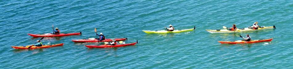Kayakers paddle in the sound. Kayakers paddle in the sound.