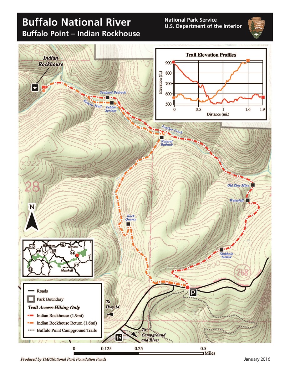A topographic map of the Indian Rockhouse Trail