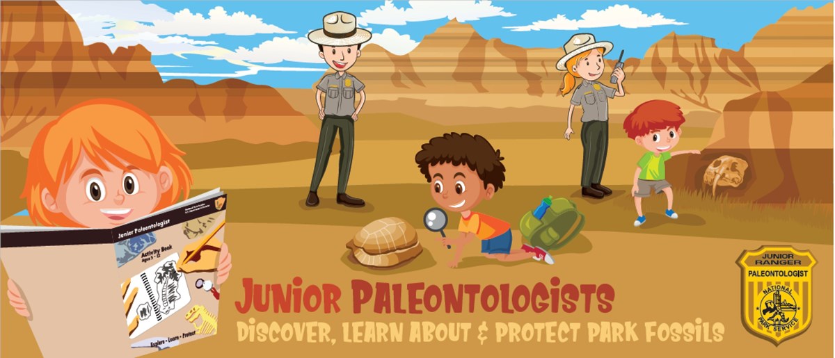 a cartoon representation of children, paleontologists, and fossils in a badlands environment.