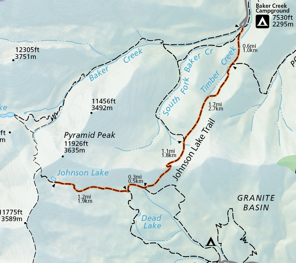 Johnson Lake Trail via Baker Creek Highlight A color image of a selection of the official park map. A grey road emerges from the top and connects to an orange highlighted trail labeled "Johnson Lake Trail"