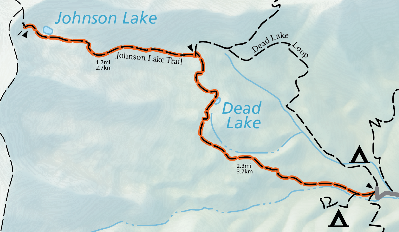 Johnson Lake from Snake Creek Highlighted A color image of a cropped version of the official map of the national park. A grey road terminates on the right, and an orange highlighted trail emerges from it, stretching across the rest of the image. The trail is labeled in two sections.
